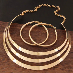Womens Gold Torques Necklace Round Earring Sets