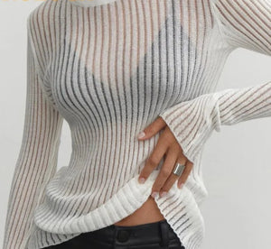 Womens Striped See Through Long Sleeve Top SIZE S-L
