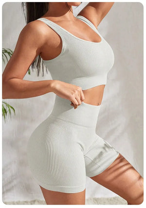 Womens Quick Dry Seamless Ribbed Crop Tank High Waist 2 Piece SIZE S-L