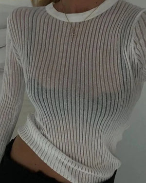 Womens Striped See Through Long Sleeve Top SIZE S-L