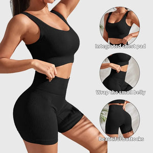 Womens Quick Dry Seamless Ribbed Crop Tank High Waist 2 Piece SIZE S-L