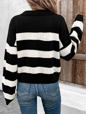 Womens Loose Black And White Striped V Neck Sweaters SIZE S-L