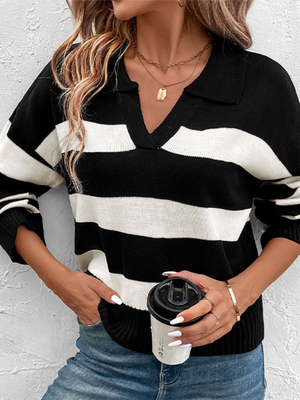Womens Loose Black And White Striped V Neck Sweaters SIZE S-L