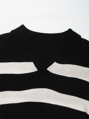 Womens Loose Black And White Striped V Neck Sweaters SIZE S-L