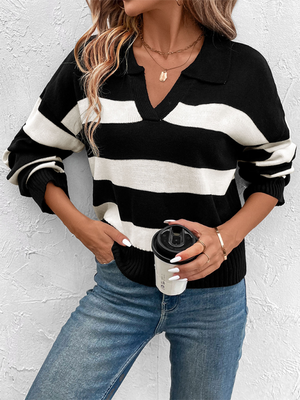 Womens Loose Black And White Striped V Neck Sweaters SIZE S-L