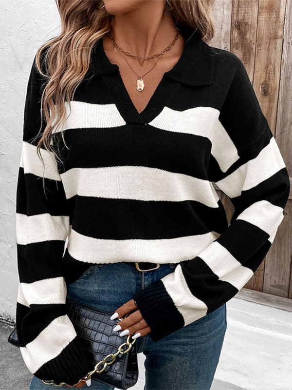 Womens Loose Black And White Striped V Neck Sweaters SIZE S-L
