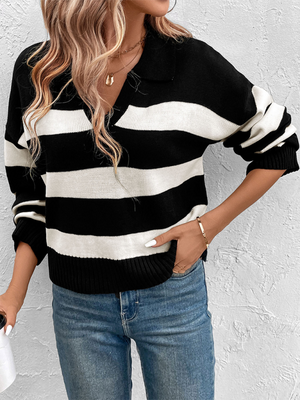 Womens Loose Black And White Striped V Neck Sweaters SIZE S-L