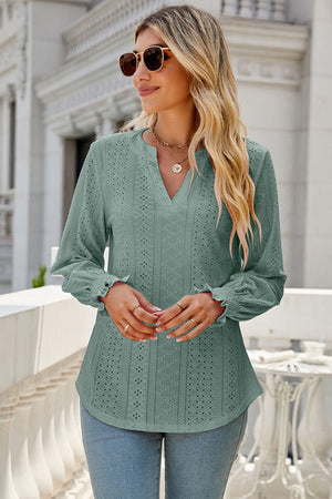 Womens V Neck Lantern Sleeve Blouse SIZE S-2XL
