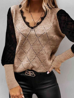 Womens V Neck Lace Two Tone Top SIZE S-XK