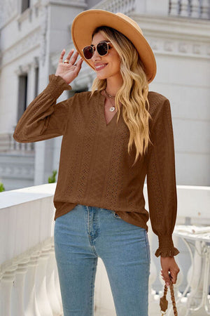 Womens V Neck Lantern Sleeve Blouse SIZE S-2XL