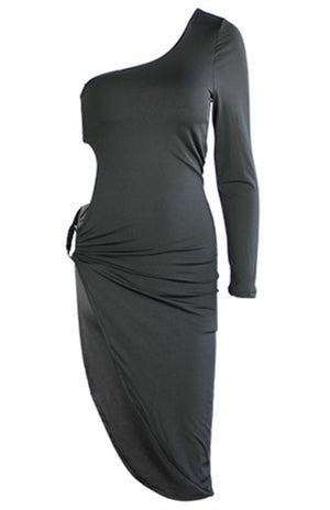 Womens One Shoulder Long Sleeve Sexy Cutout Slit Dress SIZE S-XL