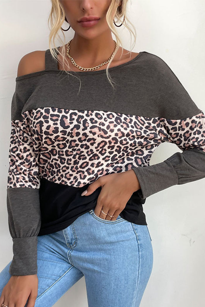 Women's Leopard Print Color Block Cold  Shoulder Top SIZE S-XL