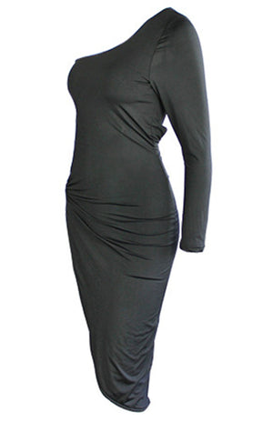 Womens One Shoulder Long Sleeve Sexy Cutout Slit Dress SIZE S-XL