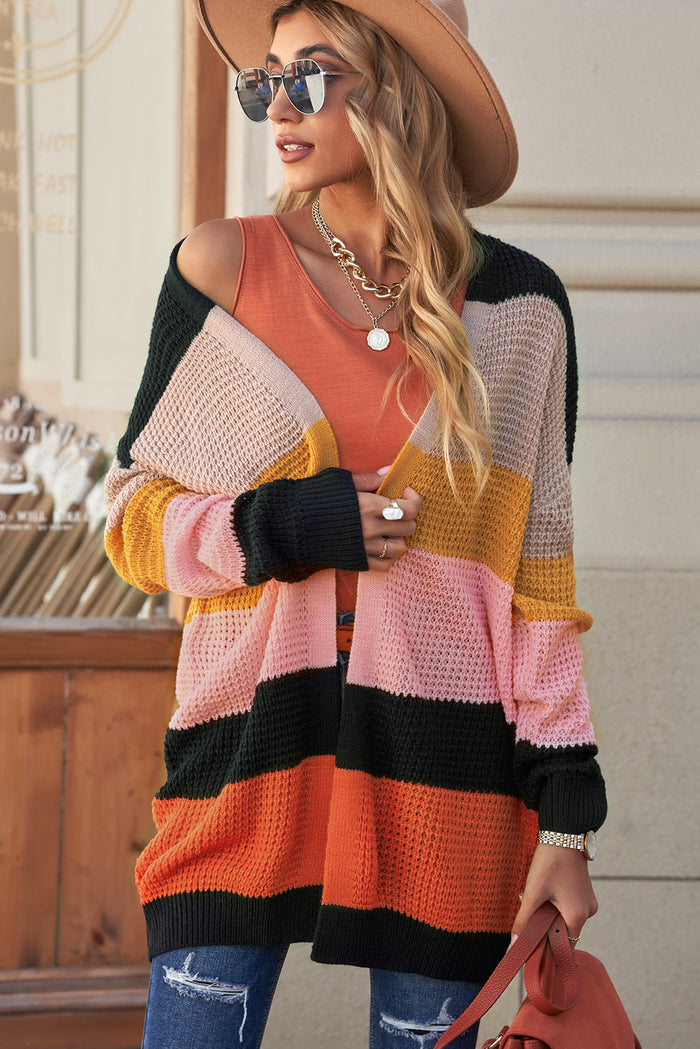Women's Waffle Knit Striped Open Front Cardigan SIZE S-2XL