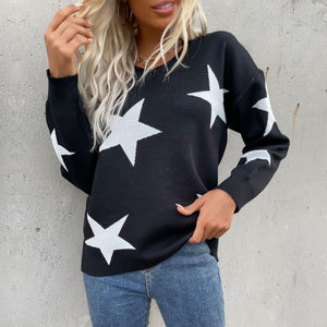Womens Star Print Loose Fit Long Sleeve Sweater SIZE S-XL