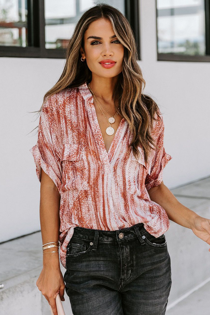 Womens Printed Pocket Short Sleeve Blouse S-2XL