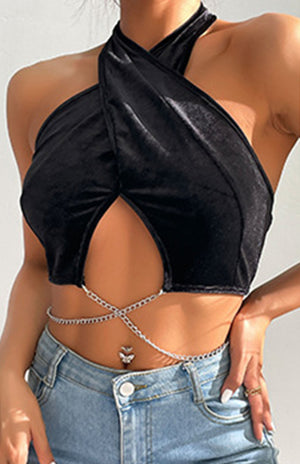 Womens Solid Knit Chain Halter Crop Top SIZE S-XL