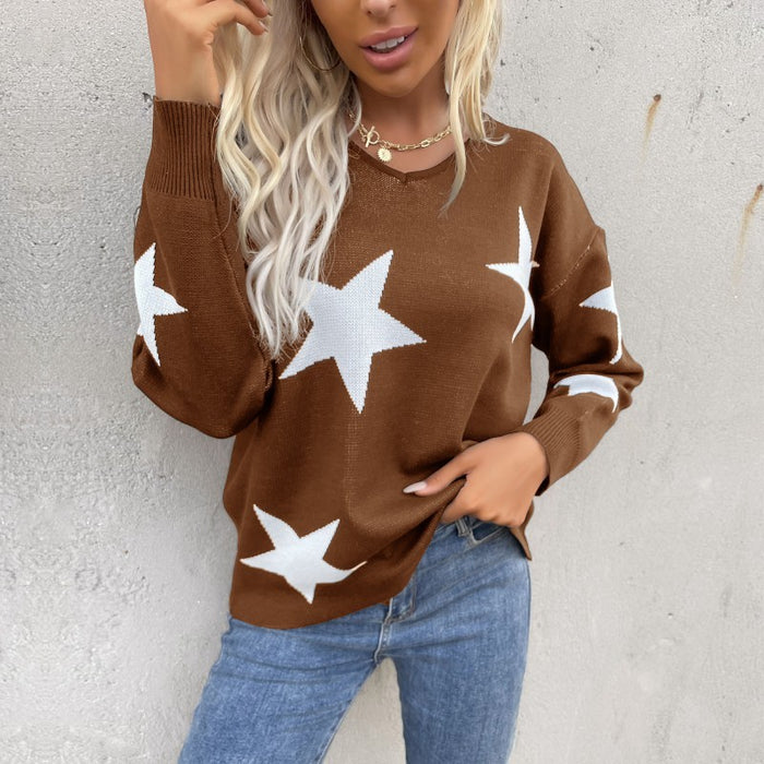 Womens Star Print Loose Fit Long Sleeve Sweater SIZE S-XL