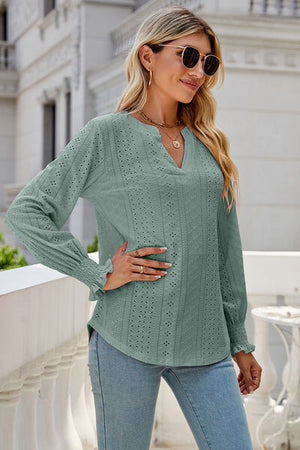 Womens V Neck Lantern Sleeve Blouse SIZE S-2XL