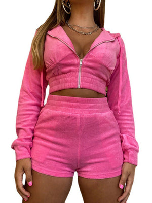 Womens Hooded Long Sleeve Zipper Jacket Shorts Two Piece SIZE S-XL