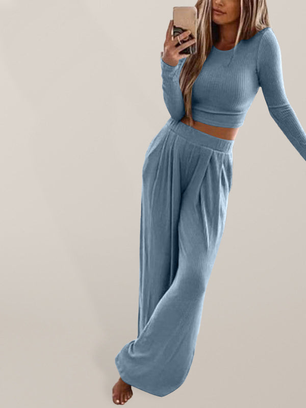 Womens Solid Color Knitted Casual Two Piece Suit SIZE S-3XL