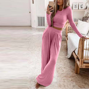 Womens Solid Color Knitted Casual Two Piece Suit SIZE S-3XL