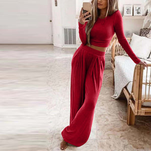 Womens Solid Color Knitted Casual Two Piece Suit SIZE S-3XL