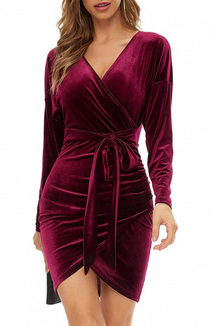 Womens Sexy Velvet V Neck Slim Fit Long Sleeved Dress SIZE S-3XL