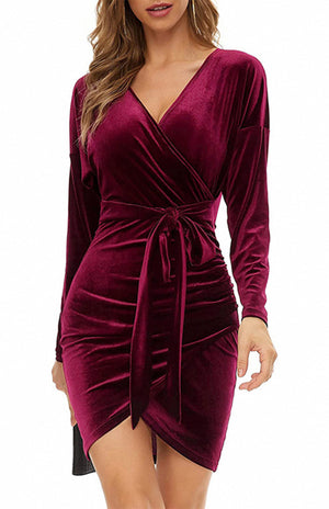 Womens Sexy Velvet V Neck Slim Fit Long Sleeved Dress SIZE S-3XL