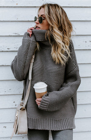 Woman Thick Thread Long Sleeves High Neck Pullover Sweater S-XL