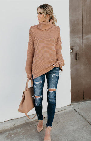 Woman Thick Thread Long Sleeves High Neck Pullover Sweater S-XL