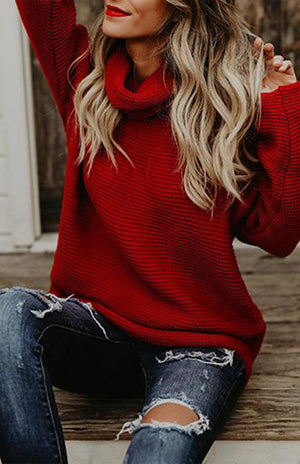 Woman Thick Thread Long Sleeves High Neck Pullover Sweater S-XL