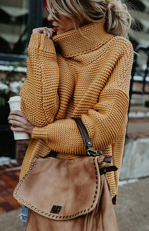Woman Thick Thread Long Sleeves High Neck Pullover Sweater S-XL