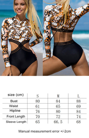 Womens Long Sleeve Printed Cutout One Piece Swimsuit SIZE S-L