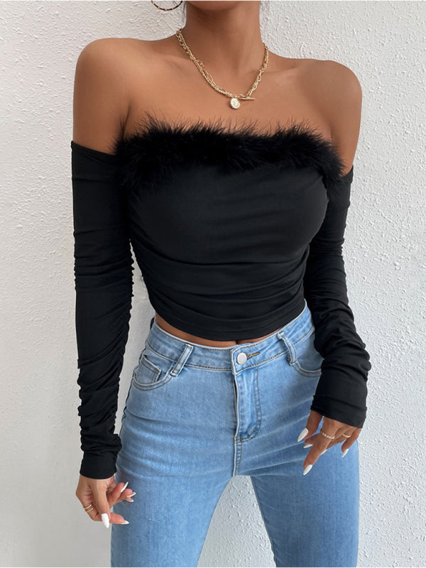 Womens Retro Collar Long Sleeve Tube Top SIZE XS-L