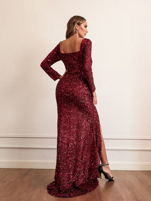 Womens New Long Sleeve High Slit Sequin Maxi Dress SIZE S-XL