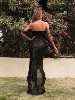 Womens Fashion Sequin Mesh Stitching Tube Top Sexy Trailing Dress SIZE XS-XL