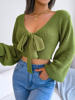 Womens Bow V Neck Lantern Sleeve Crop Sweater SIZE S-L