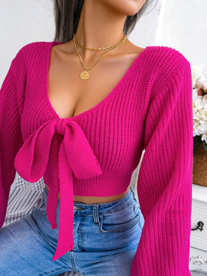 Womens Bow V Neck Lantern Sleeve Crop Sweater SIZE S-L