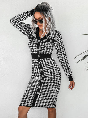 Womens Button Up Bodycon Retro Checkered Knit Maxi Dress SIZE S-XL