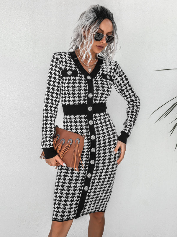 Womens Button Up Bodycon Retro Checkered Knit Maxi Dress SIZE S-XL