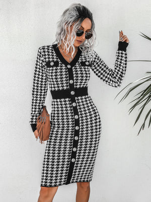 Womens Button Up Bodycon Retro Checkered Knit Maxi Dress SIZE S-XL