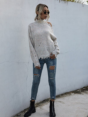 Womens Super Chic Mock Neck Long Sleeves Shoulder Cutout Sweater SIZE S-L