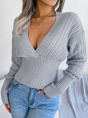 Womens Deep V Dropped Shoulder High Waist Sweater SIZE S-L