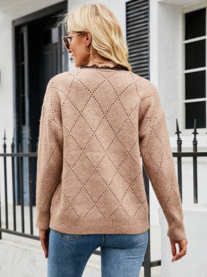 Womens Open Knit Lace Trim V Neck Top Zipper Sweater SIZE S-XL