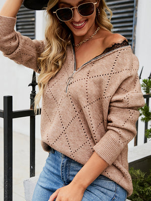 Womens Open Knit Lace Trim V Neck Top Zipper Sweater SIZE S-XL