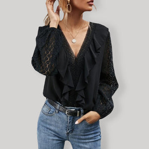 Womens V Neck Ruffled Hollow Long Sleeved Top SIZE S-XL