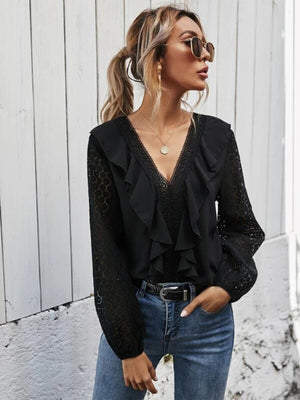 Womens V Neck Ruffled Hollow Long Sleeved Top SIZE S-XL