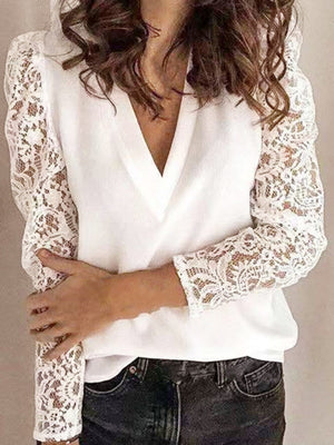 Womens Lace Long Sleeve V Neck Top SIZE S-5XL
