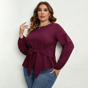 Womens Waist Tie Long Sleeve Plus Size Top SIZE XL-4XL